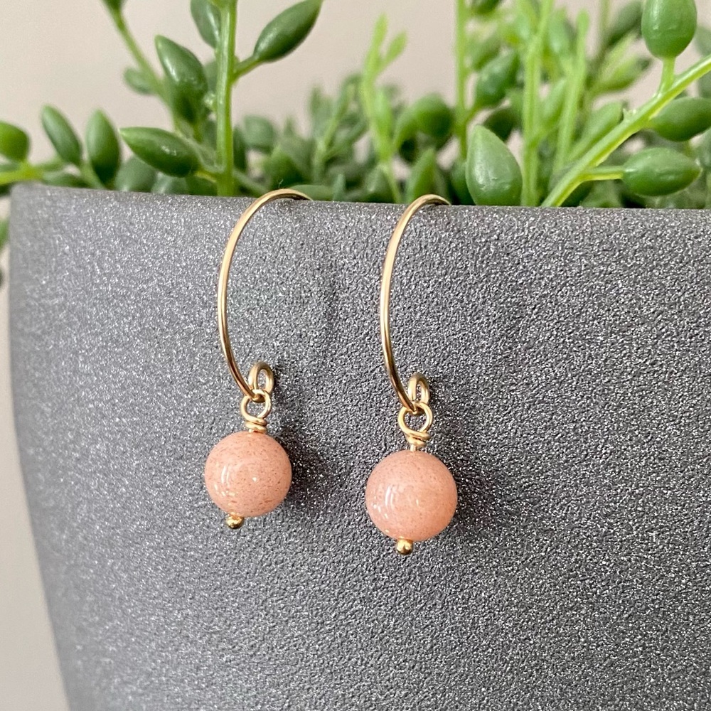 Handcrafted 14k Gold Filled + Peach Moonstone Threader Hoop Earrings